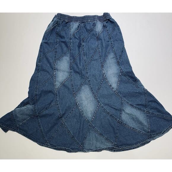 Vintage Studio West Denim Patchwork Maxi Skirt Bohemian Western Pull On M - Picture 7 of 8